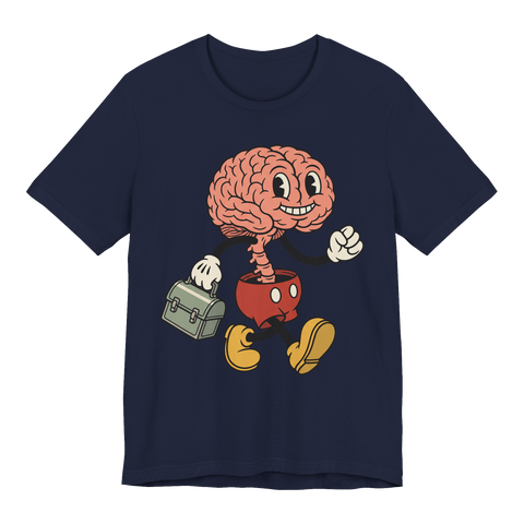 Steamboat Willie-style brain and spinal cord in red shorts skipping with a lunchbox, on a t-shirt — Navy