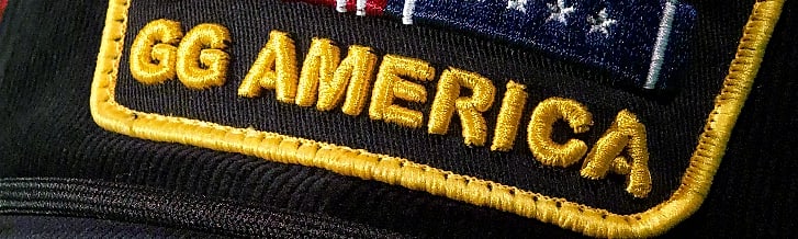 Macro: GG AMERICA in raised gold puff embroidery