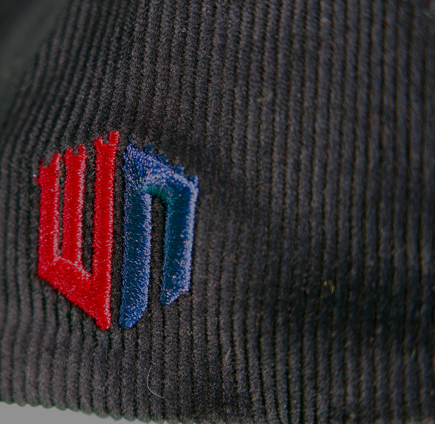 Macro: the WC monogram stitched in red and blue at the temple