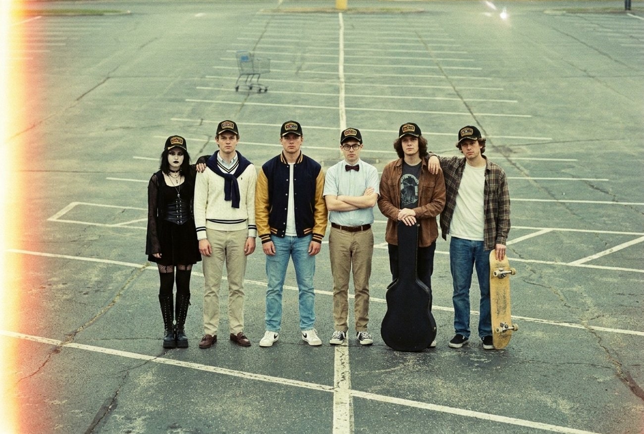 Found photograph: six civilians of different subcultures standing in an empty parking lot, all wearing the cap