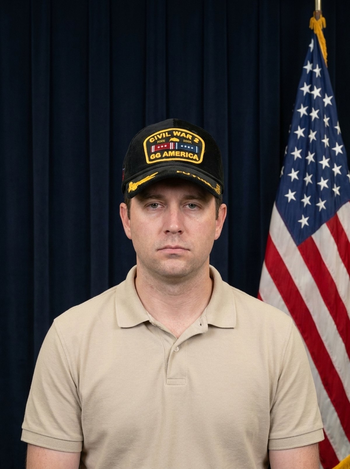Official portrait of the Pre-Veteran of the Year before a navy curtain and flag