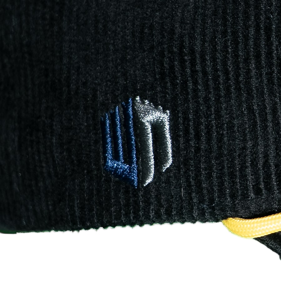 The castle monogram embroidered on the temple in navy and gray